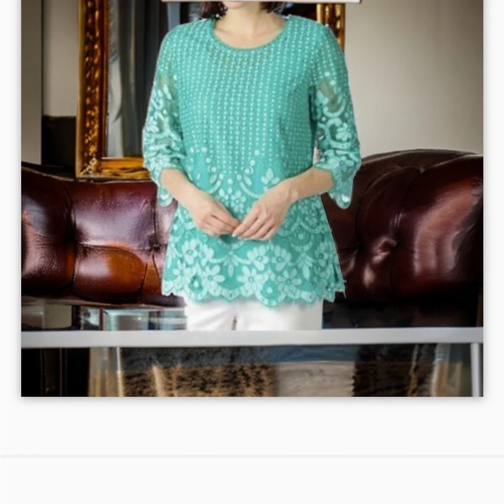 Isaac Mizrahi Live! Green Crochet Lace Overlay Tunic Top Sz Lg beautifu… - Picture 7 of 11